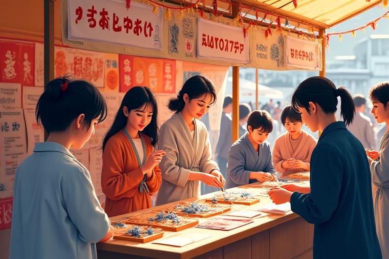 荒川区文化祭でのAyatori Threadsのブース。多くの来場者が手芸作品を見たり、簡単な体験に参加している。
