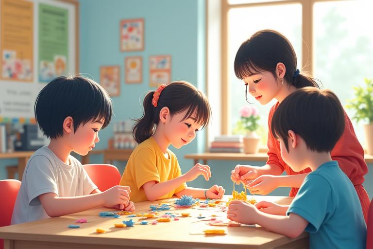 地元小学校での出張授業の様子。Ayatori Threadsの講師が子供たちに手芸を教えている。