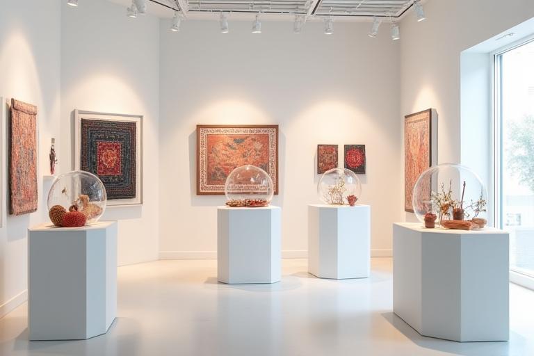 Ayatori Threadsの展示ギャラリー。洗練された空間に、受講生の素晴らしい手芸作品が展示されている。