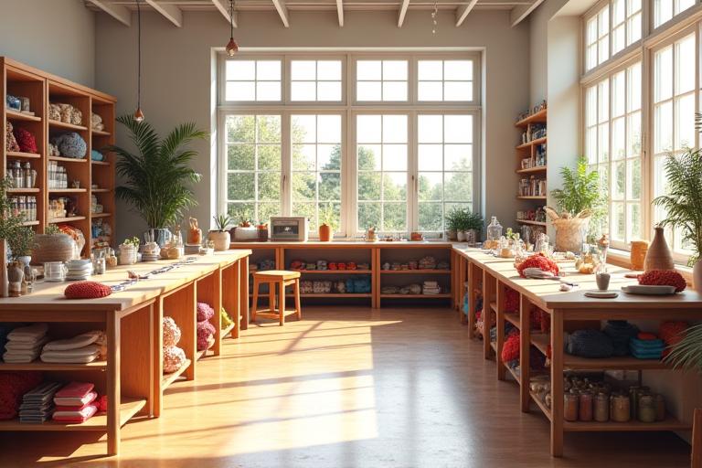  Ayatori Threadsの広々としたメインスタジオ。自然光が差し込み、多くの作業スペースと手芸道具が整理されている。