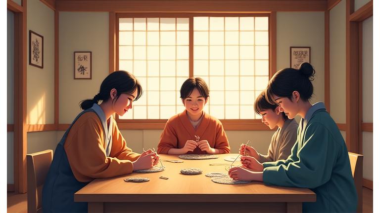 2019年のAyatori Threadsの初期教室の様子。数名の生徒が和やかな雰囲気で編み物をしている。