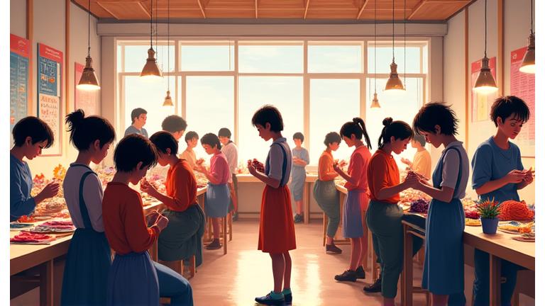 現在のAyatori Threadsの活気あるスタジオ風景。多くの生徒が多様な手芸プロジェクトに取り組んでいる。