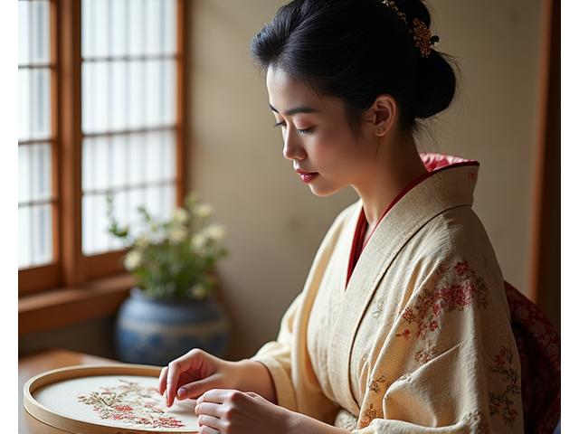 伝統工芸講師、佐藤和子。和服姿で日本刺繍の作品に見入る様子。