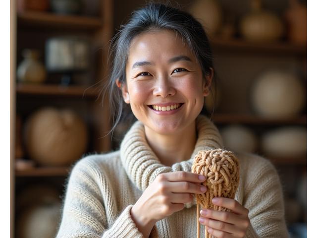 主任講師、田中裕子。優しい笑顔で編み針と毛糸を手にしているポートレート。