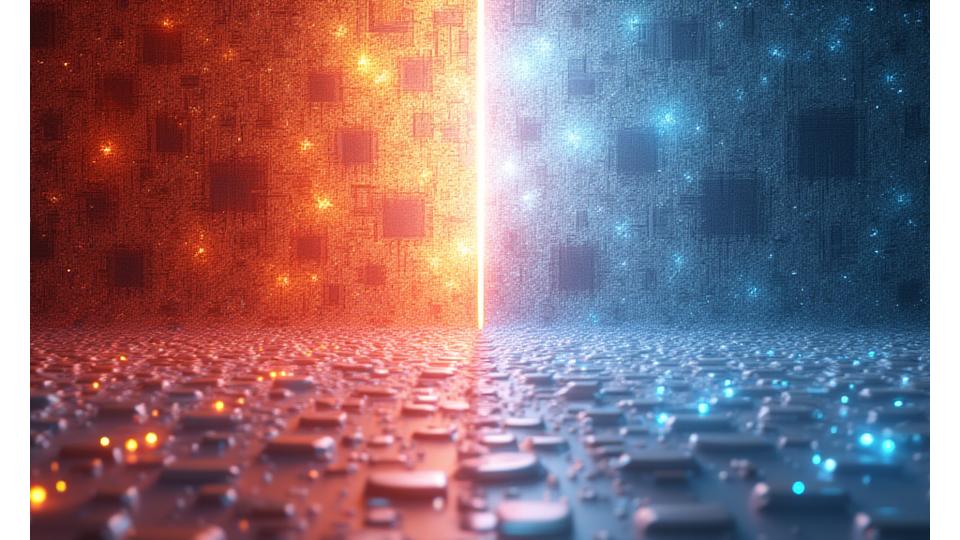 伝統的な和の模様とデジタルグリッドが融合した抽象的なイメージ。