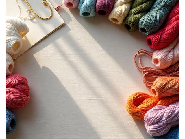 様々な色とりどりの刺繍糸とリネン生地が並べられた作業台。高品質な材料が強調されている。