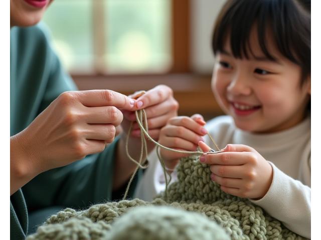 年配の女性が子供に編み物を教えている心温まる光景。笑顔が溢れ、伝統的な手芸の知識が次世代に継承されている様子を表しています。