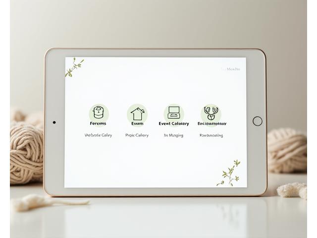 タブレット上に表示されたAyatori Threadsのオンラインコミュニティプラットフォームの画面。フォーラム投稿、作品ギャラリー、イベントカレンダーの機能がアイコンで示されています。