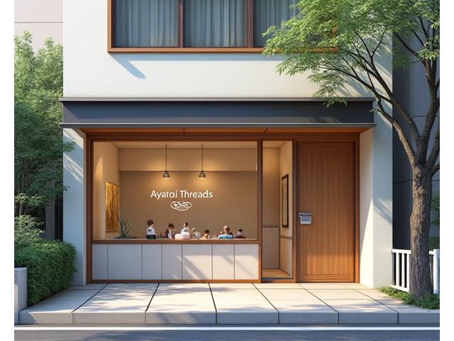 Ayatori Threadsが入っている建物の外観、日本の伝統的な建築とモダンな要素が融合したデザイン