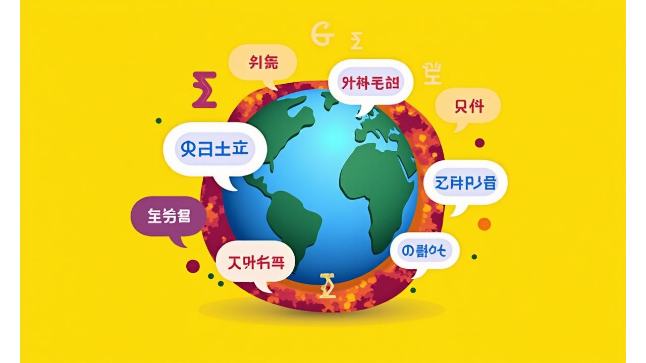 多言語対応を象徴する地球儀と吹き出し、様々な国の旗。親しみやすいデザイン