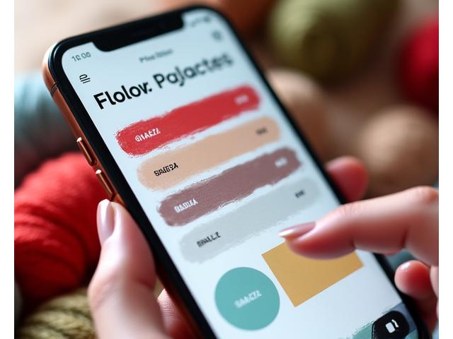 スマートフォンの画面に表示されたAI配色ジェネレーターのインターフェース。様々なカラーパレットやグラデーションが美しく提示されており、ユーザーが指で操作している様子。