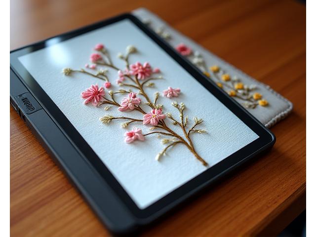 タブレットの画面に、繊細な花の刺繍デザインがシミュレーション表示されている様子。右半分には実際の刺繍サンプルが並べられ、デジタルと現実の再現度を比較できる。