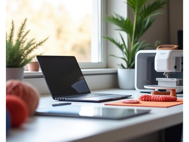 整理された作業デスク。ノートパソコンの他に、小型の3Dプリンター、デジタイザーペンタブレット、刺繍ミシンの主要な部品が美しく配置されている。