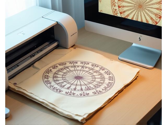 古い手描き刺繍パターンがスキャナーの上に置かれ、その隣のモニターにはデジタル化された鮮明なパターンが表示されている様子。