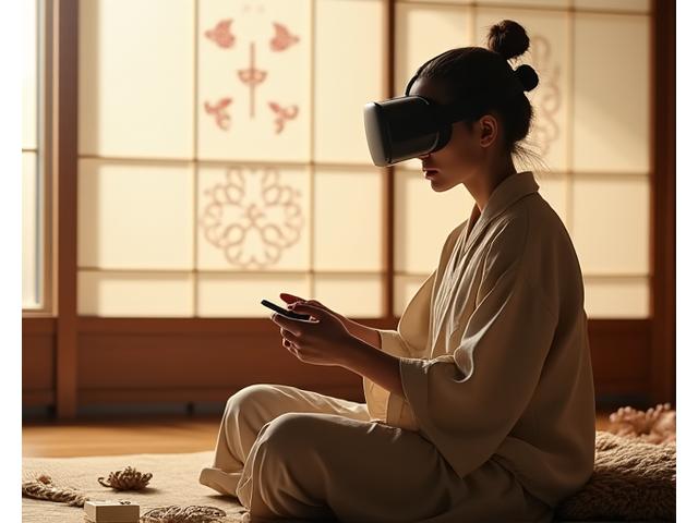 日本の伝統的な和室で、VRヘッドセットを装着した人物が仮想空間で編み物をしている様子。手元にはVRコントローラーが握られ、伝統と未来が融合する静かな雰囲気。