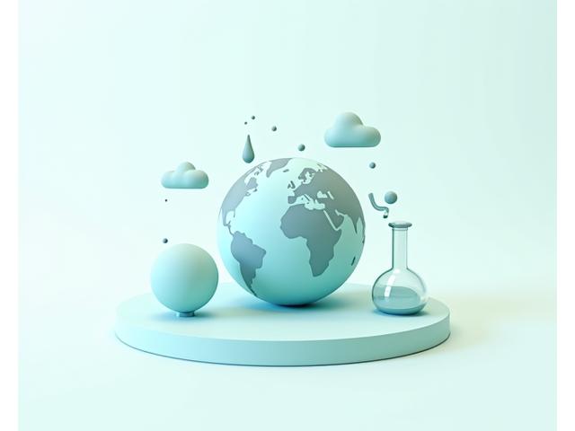地球のイラストと、それを囲むように水滴、CO2排出シンボル、化学物質のアイコンが配置されたインフォグラフィック。