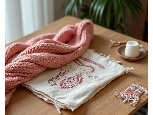エコ素材で作られた完成品の見事な手芸作品（ニットウェア、クロスステッチアート、織物などが並べられた展示）。