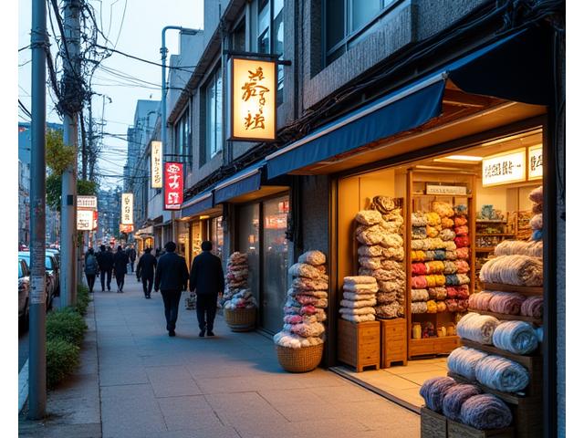 日暮里繊維街の活気ある通りで、伝統的かつ現代的なエコフレンドリーな布地や手芸材料が店頭に並べられている様子。