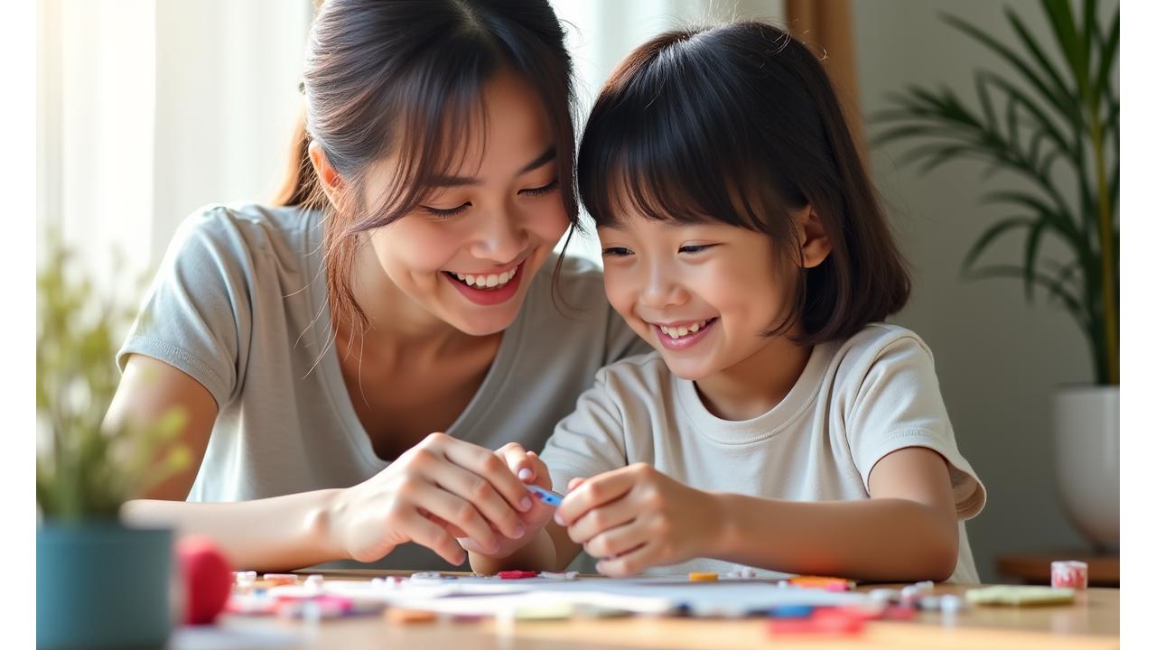 親と子が笑顔で話し合いながら手芸で協力し合っている様子
