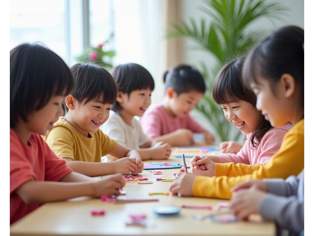 多様な子どもたちが一緒に手芸を楽しんでいる様子、個別のサポートが行き届いている