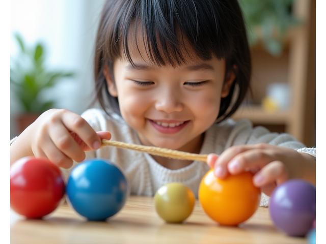 3〜5歳の子どもが大きめのビーズを使って笑顔で作業している様子