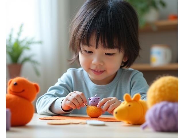6〜8歳の子どもがフェルトで簡単なマスコットを縫っている様子