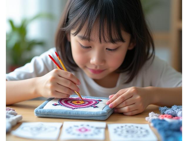 9〜12歳の子どもが図案を見ながら本格的な刺繍をしている様子