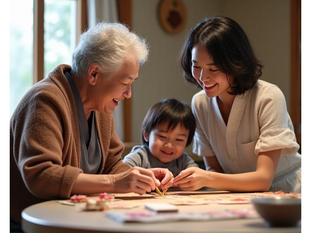 祖父母と孫が一緒に手芸を楽しんでいる多世代ファミリー