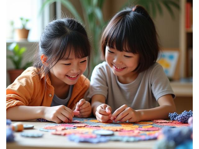 親と子が協力して大きな作品を作っている様子