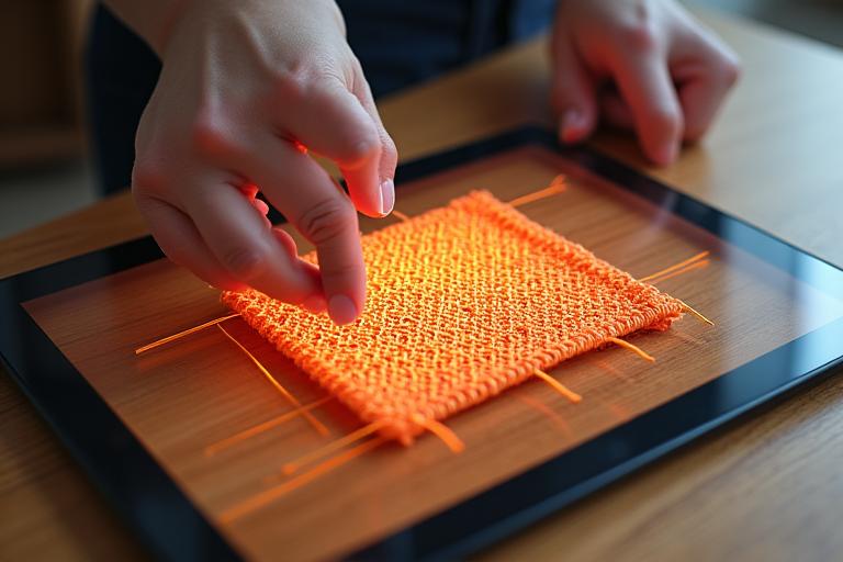 タブレットで3D編み図を操作している手元