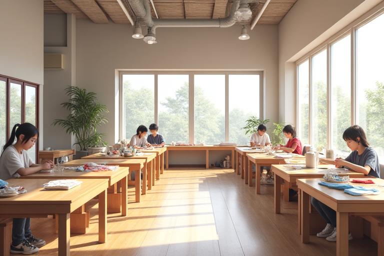 広々として清潔感のある手芸工房内部、自然光が差し込む
