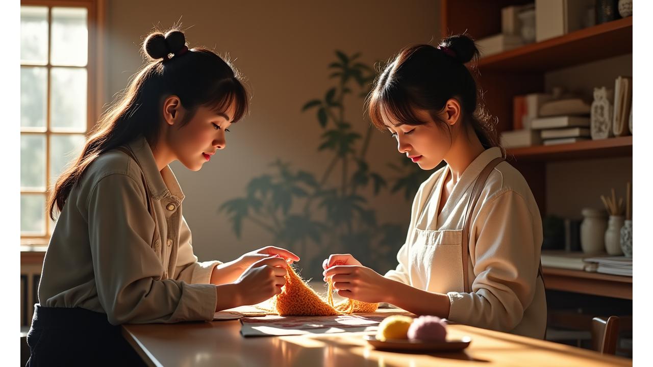日本の伝統的な手芸品が並ぶ明るいアトリエで、講師が受講生に丁寧に個別指導している様子。手元には編みかけの複雑な模様の作品と、広げられたデザイン図案。