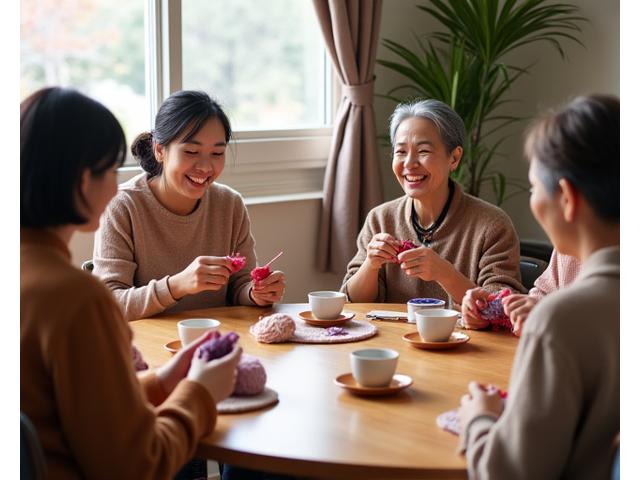 笑顔の様々な年代の女性たちが集まり、お茶を飲みながら楽しく編み物をしている、和やかなコミュニティの雰囲気