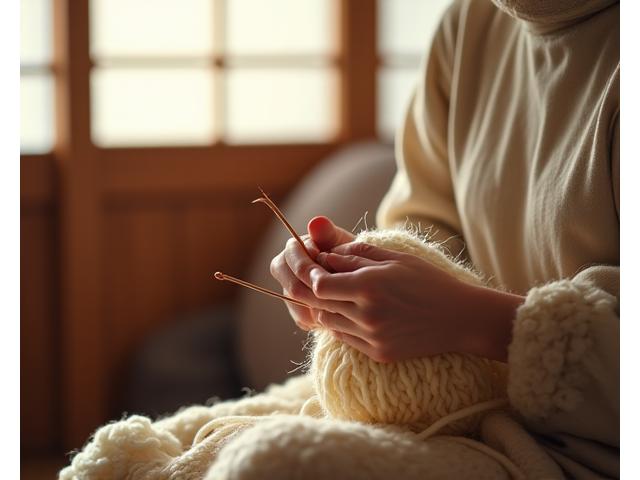 女性が編み物をしている様子、日本の伝統的な木造の部屋で毛糸と編み棒が手元にある