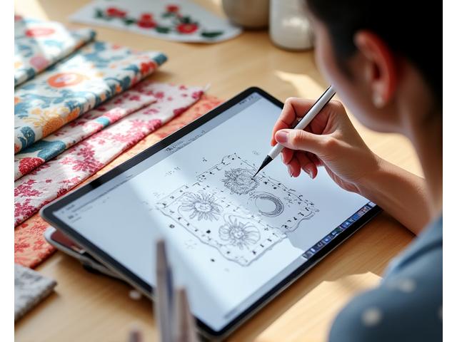 デザイナーがタブレットで手芸パターンをデジタルで描いている様子、隣には美しい日本の花柄のファブリックサンプルがある