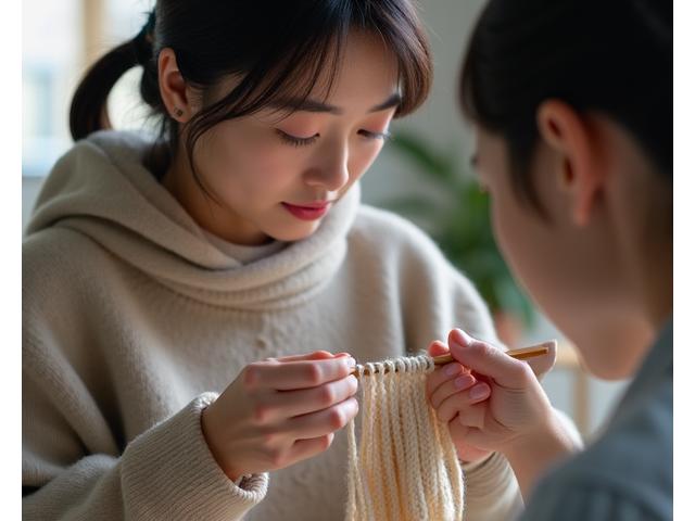 一人の講師が個別に生徒に編み物の複雑な部分を教えている様子、集中して手元を見つめる生徒